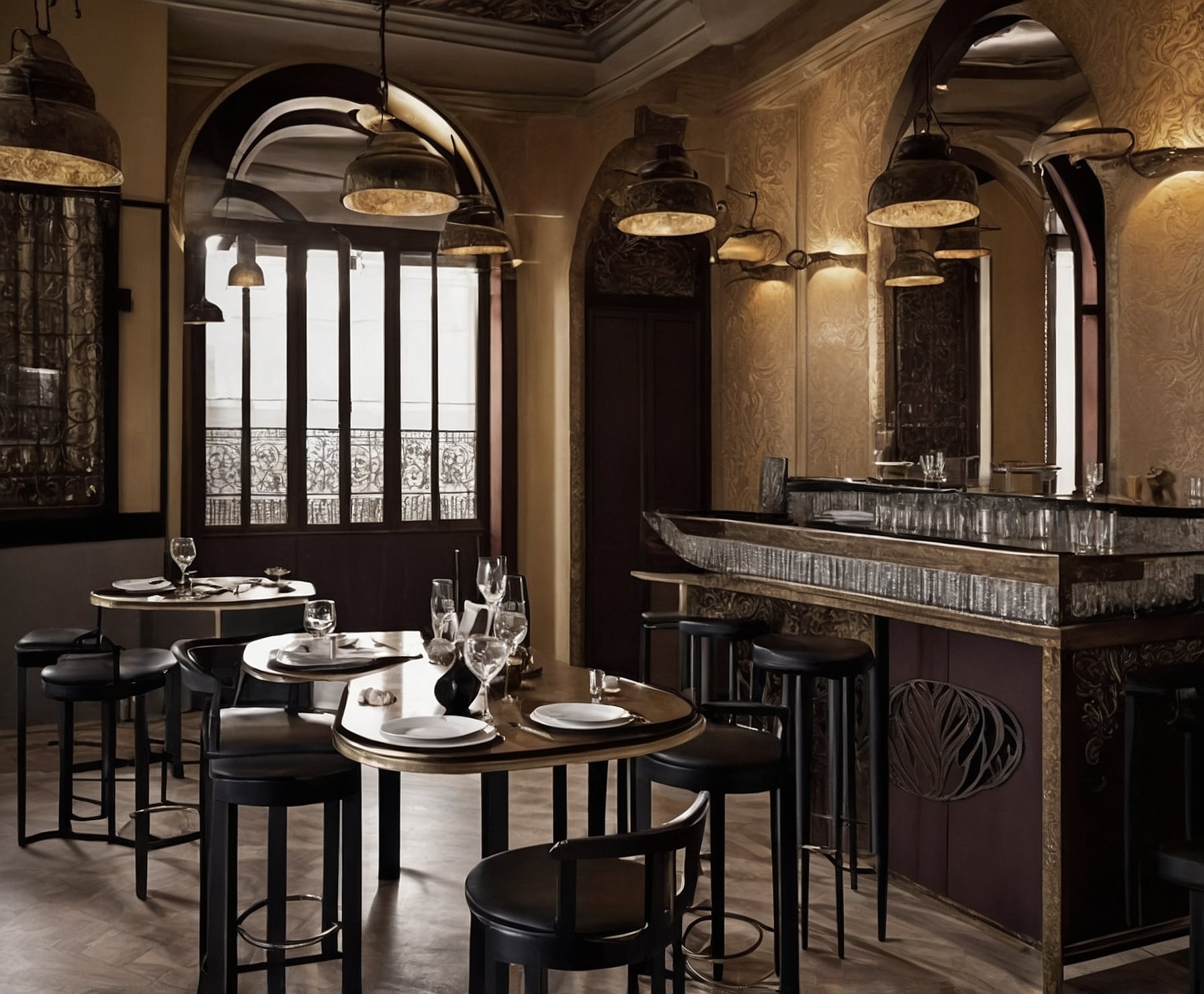 Interior moderno y acogedor con platos de tapas